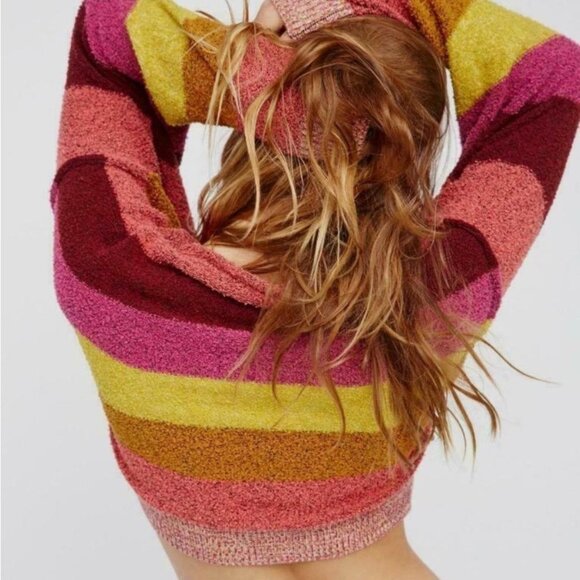 Free People Candyland Striped Pullover Sweater Women's Size XS Yellow Pink - Picture 3 of 7